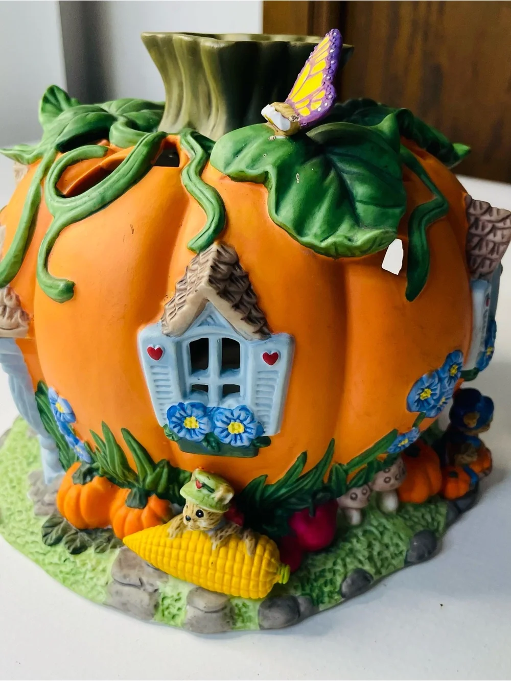 Ceramic Party Lite Orange Pumpkin Fairy House For Tea Lights - Decorative